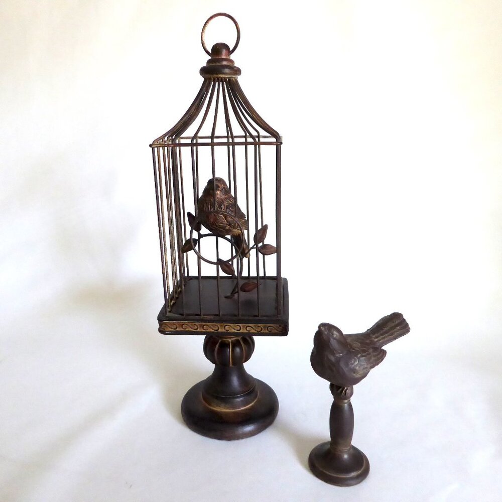 15.5” NEW BIRD IN METAL CAGE FIGURE DECORATION REALISTIC CARVING SET